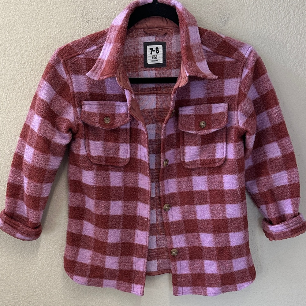 Cotton On Kids Girls Purple Plaid Button Up Shacket Size 7-8